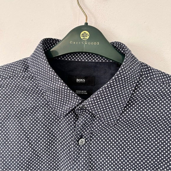 hugo boss mens L regular fit linen cotton blue and white spotted shirt - Picture 2 of 4